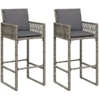vidaXL Tabouret de bar de jardin avec coussins 2 pcs. Gris Poly Rattan
