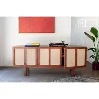 PIB Meuble TV en bois teinte noyer et lin Thalos