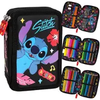 St. Majewski Goldkids - Trousse à crayons 3 compartiments - Trousse pour filles et garçons - Porte-plume 3 compartiments Sac à crayons 44 pièces Trousse d'écolier remplie - Motif Stitch