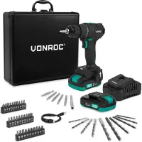 Vonroc Perceuse sans fil PRO 20 V – Moteur sans balais – 40 Nm | Comprend 2 batteries 2,0 Ah, un chargeur et 46 accessoires dans un coffret haut de gamme