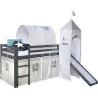Homestyle4u Lit Mezzanine 90 X 200 Cm Gris Avec Echelle Coulisse Tunnel Tour Et Tissu A Motif Etoiles