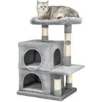 Lionto Arbre à chat pour chats 80 cm, avec 2 grottes, lit de repos & balle de jeu, troncs en sisal pour le soin des griffes, gris clair