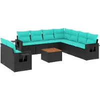 vidaXL Ensemble de 10 canapés de jardin avec coussins, polyrattan noir