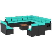 vidaXL Ensemble de 14 canapés de jardin avec coussins, polyrattan noir