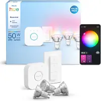 Philips Hue Essential White and Color Kit de Démarrage GU10 Lot de 3 + Bridge + Variateur