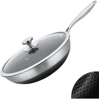 ROYAL SWISS Poêle wok 32 cm Acier inoxydable Triply Structure alvéolée Couvercle en verre pour induction
