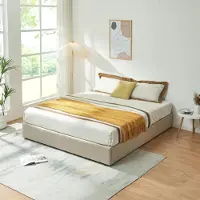 En.casa Lit rembourré 'Nola' avec coffre de lit 160 x 200 cm Lin Beige