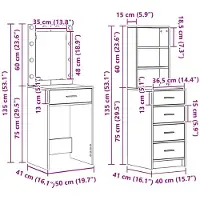 vidaXL Table de maquillage, 2 pièces, gris, 50 x 41 x 135 cm, panneaux de particules