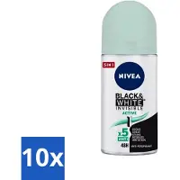 Nivea - Déodorant - Roller - Black & White Invisible - Active - 50 ml - Pack avantage - 10 pièces