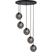 Highlight Suspension 5 lumières Fantasy noir avec verre nervuré