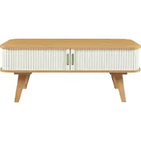 En.casa Table basse 'Tysvær' avec 2 portes coulissantes 100 x 50 x 40 cm bambou / blanc crème