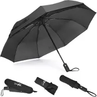 Sunflake Parapluie pliable - Résiste à la tempête jusqu'à 140km/h - Pliage automatique - Housse de protection et pochette de voyage incluses - Noir -