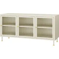En.casa Armoire TV 'Lindau' avec 3 portes acier avec verre cannelé 120 x 40 x 59 cm blanc crème