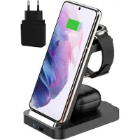 ISetchi Wireless 3-in-1 Charging Station - Indicateur LED - Chargement rapide 15W - Noir