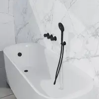 FortiFura Nebbio Ensemble combiné bain - mitigeur thermostatique - coude mural avec support de douchette - flexible de douche lisse - douchette ronde - Remplissage-vidage de baignoire - noir mat