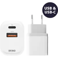 BREND BR-2212 Chargeur rapide avec 2 ports - Chargeur de courant - Adaptateur de charge rapide avec connexion USB et USB-C - Convient pour iPhone et Android - Blanc