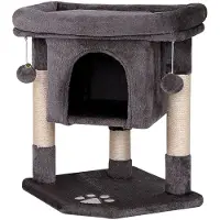 Lionto Arbre à chat pour chats 60 cm, avec grotte douillette, boules en peluche & troncs en sisal robustes, peu encombrant & moderne, gris foncé