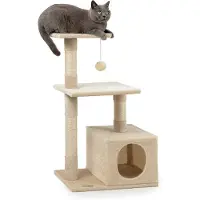 Lionto Arbre à chat, 85 cm Arbre à chat & de jeu compact avec grotte, 2 plateaux, balle en peluche & troncs en sisal, avec support mural, gris clair