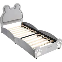 Sweiko Lit rembourré Beau lit d'enfant, 90 x 200 cm, forme d'ours. Lit simple en velours doux pour la peau, gris