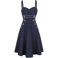 Voodoo Vixen Robe mi-longue Rockabilly de - Robe Évasée Claudia Nautical - S - XXL - pour Femme - marine - Taille M