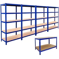 Monster Racking 4 Rayonnages T-Rax Bleus de 90cm et 1 Établi Q-Rax Bleu de 120cm en Acier Sans Boulons