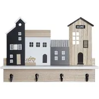DKD Home Decor Portemanteau mural bois maisons avec 1 étagère