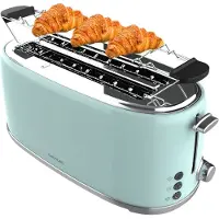 Cecotec Toast&Taste 1600 Retro Double Blue 4-Slice Toaster. 1630 W, 2 Wide and Long Slots of 3.8 cm, Stainless Steel