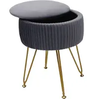 Mendler Pouf HWC-K47, tabouret avec compartiment de rangement, Ø 33cm, aspect velours gris clairs, piètement or