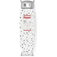 Rayen Planche à repasser - Gamme Basic Hauteur rEglable Maille mEtallique Repose-plaque chauffante Structure grise et couverture imprimEe en blanc Dimensions : 120 x 38 cm