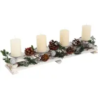 Mendler Arrangement de l'Avent HWC-M12 avec porte-bougies, couronne de l'Avent décoration de Noël bois argenté blanc 18x49x13cm avec bougies