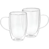 Cheffinger Lot 2 Verres Avec Anse Double Paroi 350ml En Verre Borosilicate Solide Transparent