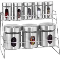 Cheffinger Ensemble 5 Pots À Épices Et 3 Rangement Inox Avec Couvercle Avec Support Solide Argent