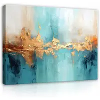 WALLARENA Impression sur toile abstrait bleu or moderne 100x75 cm xxl tableau décoration deco murale intissée pour salon chambre cuisine