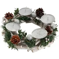 Mendler Couronne de l'Avent HWC-M12, Arrangement de l'Avent Couronne de table Décoration de table bois argenté blanc Ø 30cm sans bougies