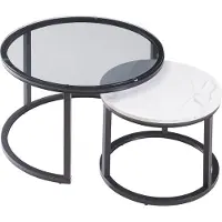 En.casa Set de 2 tables basses 'Kokkola' structure métallique ronde verre fumé / aspect marbre, blanc