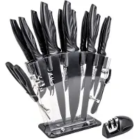 Intirilife Set de 17 couteaux de cuisine avec bloc à couteaux et aiguiseur Éplucheur Ciseaux et couteaux multifonctionnels - Pour couper Éplucher et aussi casser les noix