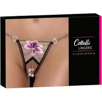 Cottelli - string femme brodé luxe - noir et blanc - motif lys - M/L