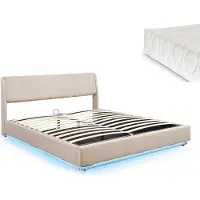 En.casa LED Lit rembourré 'Tröstiar' avec coffre de lit et matelas Lin 180 x 200 cm Beige