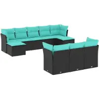 vidaXL Ensemble de 10 canapés de jardin avec coussins, polyrattan noir