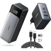 Anker 737 - Power Bank (PowerCore 24K) + Chargeur 736 Nano II (100W) + Câble 322 USB -C 1 (24000 mAh, 100 W, 88.80 Wh), Chargeur de secours, Gris, Noir