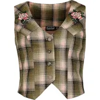 Voodoo Vixen Veste Sans Manches Rockabilly de - Gilet à carreaux avec broderie florale - XS - XXL - pour Femme - vert/rose - Taille L