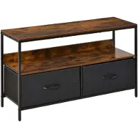 HOMCOM Meuble TV Bas sur Pieds Style Industriel 2 tiroirs en Tissu Gris MDF Marron Rustique et métal Noir