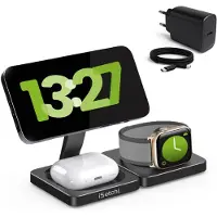 ISetchi 3-in-1 Power Base - Wireless Charger 15 W - Pliable et léger - Qi Charging Station - Câble inclus - Compatible avec Smartphone, Smartwatch & Earbuds