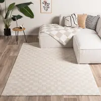 FRAAI Tapis japandi - Yori Checkerboard Crème | 80x150 cm | Rectangulaire | Pile haute