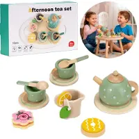 Springos Jeu culinaire en bois - - Set petit-déjeuner 14 pièces - Plateau, théière, tasses - Pour enfants 3+