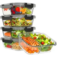 Kitchenbrothers Meal Prep Trays Set - With Separation - Glass Food Storage Trays - Two Compartments - Airtight - BPA Free - Freezer Trays - Storage Trays - 5L - Glass - 5 Pieces