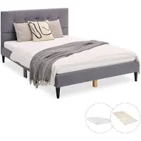Homestyle4u Lit rembourré avec matelas 120x200 Sommier à lattes Lit double en tissu Cadre de lit Lit gris