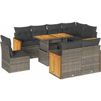 vidaXL Ensemble de salon de jardin 9 pièces avec coussins Gris Poly rotin Acacia