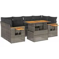 vidaXL Ensemble de salon de jardin 7 pièces avec coussins Gris Poly rotin Acacia