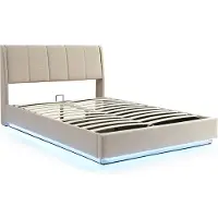 En.casa LED Lit rembourré 'Tröstiar' avec coffre de lit Lin 160 x 200 cm Beige